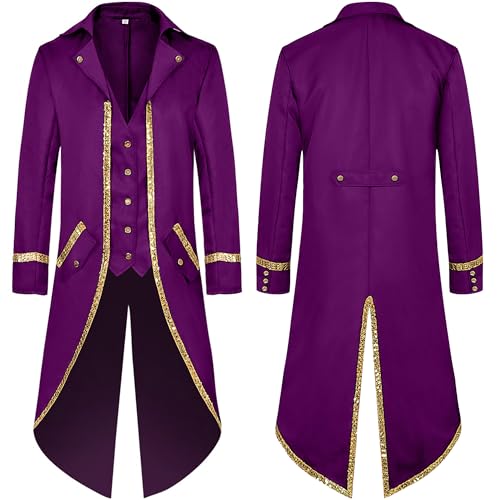 SEAUR Herren Frack Mittelalter Steampunk Frack Gold Trim Lange Jacke Gothic Viktorianisch Vintage Halloween Kostüm, Violett, M SEAUR Herren Frack Mittelalter Steampunk Frack Gold Trim Lange Jacke Gothic Viktorianisch Vintage Halloween Kostüm, Violett, M von SEAUR