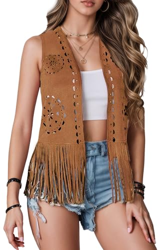 SEAUR Kostüm Hippie Damen Bekleidung Ärmellos Fransen Jacke Kurze Fransenjacken Modisch Westernjacke für Musikfestivals Braun M von SEAUR