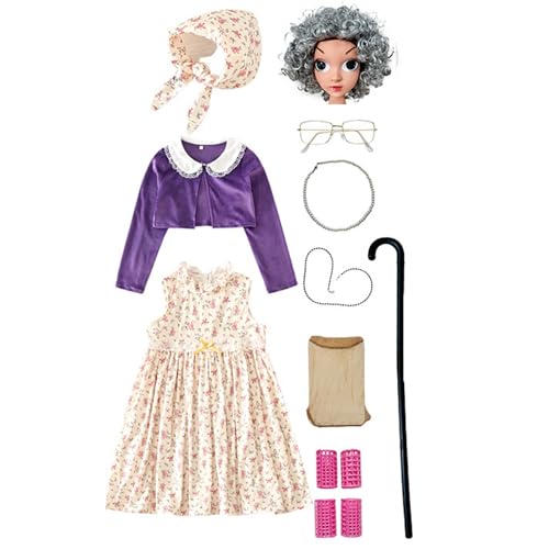 SEAYACK 100 Schultage Cosplay Kostüm Set Kinder Alte Dame Kostüm Zubehör Kunstperlen Halskette Brille Krücke Blumenkleid SEAYACK 100 Schultage Cosplay Kostüm Set Kinder Alte Dame Kostüm Zubehör Kunstperlen Halskette Brille Krücke Blumenkleid von SEAYACK