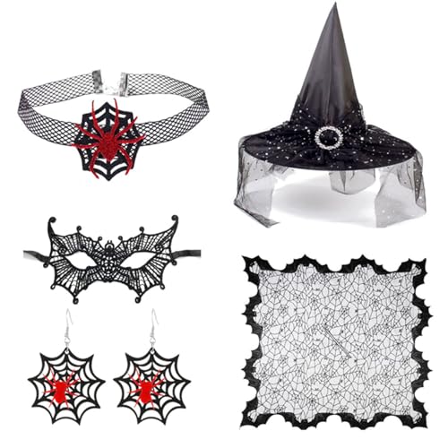 SEAYACK Frauen Witch Kostüm Hexenhut Halskette Ohrringe Augenmaske Erwachsene Halloween Witch Kostüm Für Maskerade Cosplay von SEAYACK