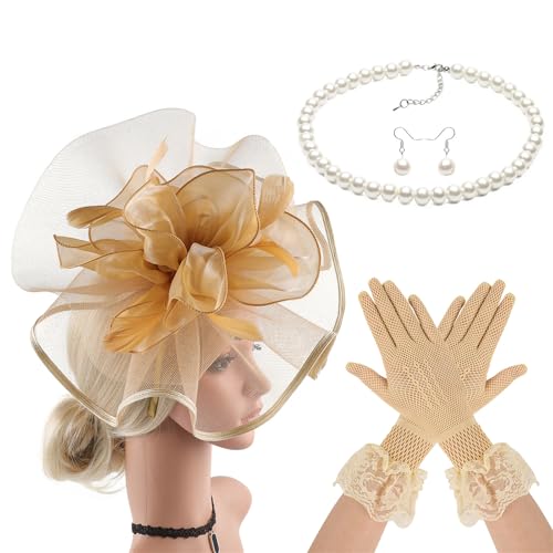 SEAYACK Gefiedertes Schleier-Stirnband, 1920er-Jahre-Kostüm, Zubehör mit Halskette, Ohrringen, Handschuhen für Damen, Halloween, Hochzeit, Abschlussball, Spitzenschleier mit Kopfbedeckung SEAYACK Gefiedertes Schleier-Stirnband, 1920er-Jahre-Kostüm, Zubehör mit Halskette, Ohrringen, Handschuhen für Damen, Halloween, Hochzeit, Abschlussball, Spitzenschleier mit Kopfbedeckung von SEAYACK