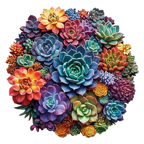 SECOGM Holzpuzzle Erwachsene, 100 Teile Mandala-Sukkulenten Holz Puzzle Erwachsene, 21.5x21.5cm Wooden Puzzle, Unregelmäßige Form, ‌Premium-Holzpuzzle Geschenkbox von SECOGM