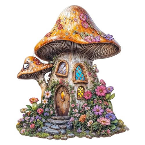 SECOGM Holzpuzzle Erwachsene, 100 Teile Pilz-Feenhaus Holz Puzzle Erwachsene, 21.5x21.5cm Wooden Puzzle, Unregelmäßige Form, ‌Premium-Holzpuzzle Geschenkbox von SECOGM