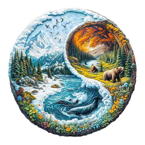 SECOGM Holzpuzzle Erwachsene, 100 Teile Yinyang-Gletscherwald Holz Puzzle Erwachsene, 21.5x21.5cm Wooden Puzzle, Unregelmäßige Form, ‌Premium-Holzpuzzle Geschenkbox von SECOGM