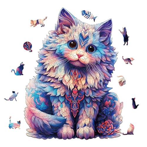 SECOGM Holzpuzzle für Erwachsene - 100 Teile Unregelmäßiges Tier Geformtes Puzzle Mit Geschenkbox Aus Holz - Niedliche Ragdoll Katze (S-16.2 * 21.5cm) von SECOGM