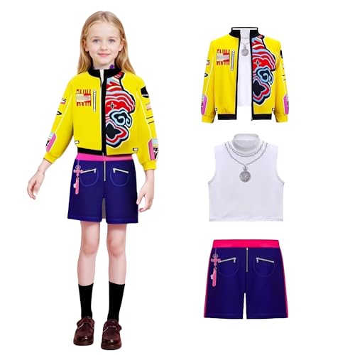SEDVBWA K Pop Cosplay-Outfit, Saja Jungen-Freund-Cosplay-Kleid, tanzende Paillettenjacke und Kleid für Halloween, Karneval (Gelb + Violett für Mädchen, Größe M) von SEDVBWA
