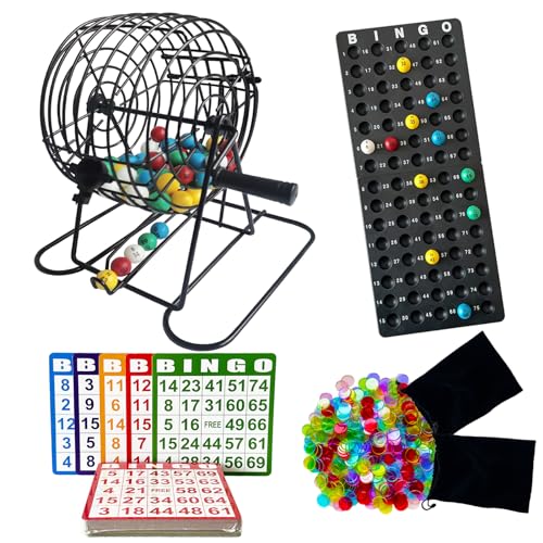 SEETOOOGAMES Deluxe-Bingo-Spiel-Set – 20,3 cm Metallkäfig, 50 Papierkarten, 600 bunte transparente Chips, Bingo-Bälle und Kunststoff-Masterboard, ideal für Erwachsene, große Gruppen, von SEETOOOGAMES