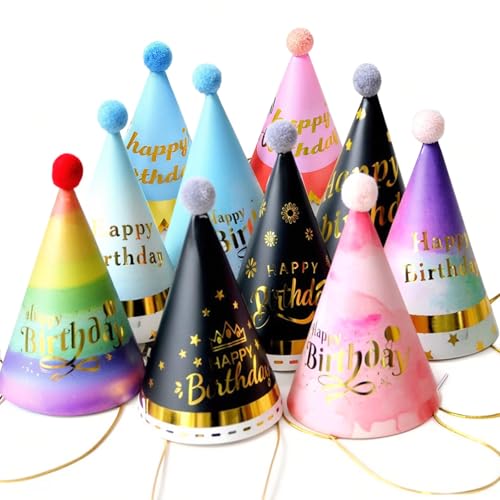 SEFIRST 10 Stück Partyhüten, Kinder Partyhüte Set mit Pompon und Glitzerdetails, Papier Clown Hut Hüte Kindergeburtstag Tröte, Partyhüte Geburtstag Dekoration für Familienfeiern für Erwachsene Kinder von SEFIRST