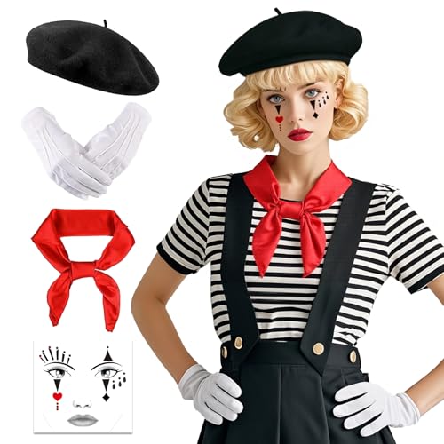 SEFIRST 4 Stück Karneval Pantomime Kostüm Damen Herren Kinder, Faschingskostüme Damen Pantomime, Schwarz Pantomime Mütze Rote Tuch weiße Handschue Gesichtes Tattoo, Karneval Kostüm Accessori ﻿ von SEFIRST