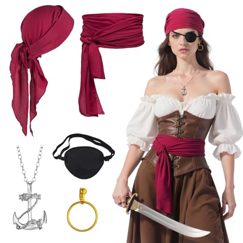 SEFIRST 5 Stück Piratenkostüm Zubehör Set Damen Herren, Piraten Verkleidung Accessories Kopftuch Augenklappe Ohrringe Halskette Hüfte Tuch, Pirate Costume Zubehör für Halloween Cosplay Party Karneval SEFIRST 5 Stück Piratenkostüm Zubehör Set Damen Herren, Piraten Verkleidung Accessories Kopftuch Augenklappe Ohrringe Halskette Hüfte Tuch, Pirate Costume Zubehör für Halloween Cosplay Party Karneval von SEFIRST