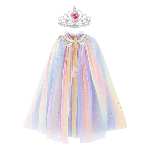 SEFIRST Prinzessin Umhang Kinder Mädchen, Prinzessin Kostüm mit Krone, Halloween Kostüm Umhang, Tüll Glitzer Pailletten Prinzessinnen Cape, Verkleidung für Karneval Cosplay Party (Bunt, 75cm) von SEFIRST