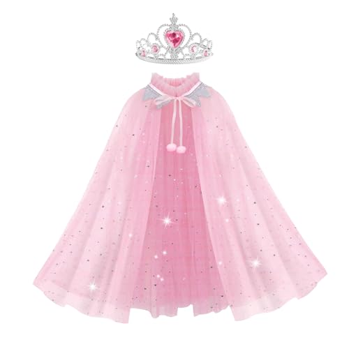 SEFIRST Prinzessin Umhang Kinder Mädchen, Prinzessin Kostüm mit Krone, Halloween Kostüm Umhang, Tüll Glitzer Pailletten Prinzessinnen Cape, Verkleidung für Karneval Cosplay Party (Rosa, 75cm) von SEFIRST