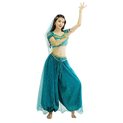 Bauchtanz-Set Erwachsene Weiblich Prinzessin Jasmin Anzug Halloween Cos Kostüm Performance See Blau Dreiteiliger Tanzanzug (Farbe: Grün, Größe: Medium) von SELICO