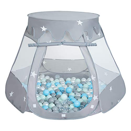 SELONIS Baby Spielzelt Mit Plastikbällen Zelt 105X90cm/600 Bälle Plastikkugel Kinder, Grau:Perle-Grau-Transparent-Babyblau-Mint von SELONIS