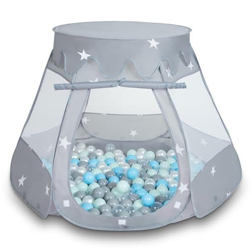 Selonis Baby Spielzelt Mit Plastikbällen Zelt 105X90cm/600 Bälle Plastikkugel Kinder, Grau:Perle-Grau-Transparent-Babyblau-Mint von SELONIS