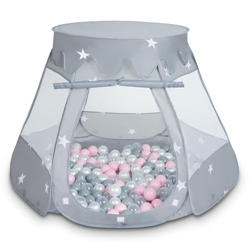 Selonis Baby Spielzelt Mit Plastikbällen Zelt 105X90cm/300 Bälle Plastikkugel Kinder, Grau:Perle-Grau-Transparent-Puderrosa von SELONIS