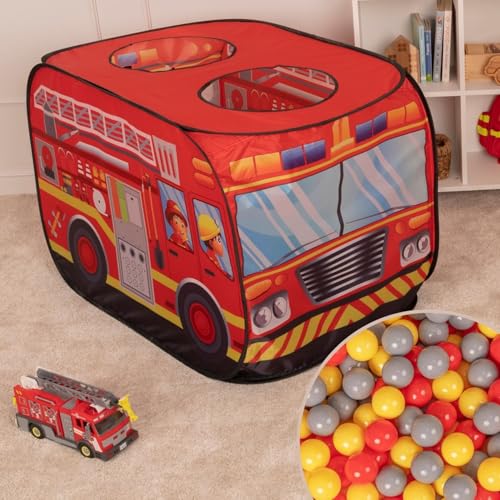Selonis Feuerwehrauto-Zelt Kinder Spielhaus 100 Bälle Faltzelt Pop Up Zelt Kinderzelt Indoor Outdoor Faltbar Spielhöhle Geschenk Für Jungen Mädchen von SELONIS
