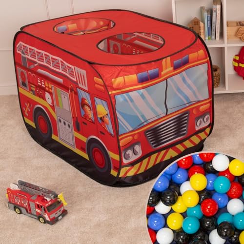 Selonis Feuerwehrauto-Zelt Kinder Spielhaus 100 Bälle Faltzelt Pop Up Zelt Kinderzelt Indoor Outdoor Faltbar Spielhöhle Geschenk Für Jungen Mädchen von SELONIS