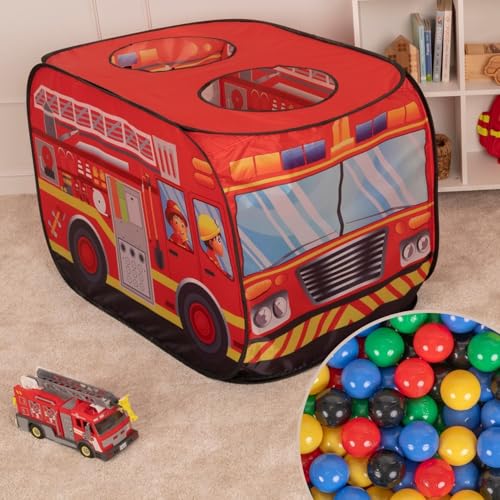 Selonis Feuerwehrauto-Zelt Kinder Spielhaus 300 Bälle Faltzelt Pop Up Zelt Kinderzelt Indoor Outdoor Faltbar Spielhöhle Geschenk Für Jungen Mädchen von SELONIS