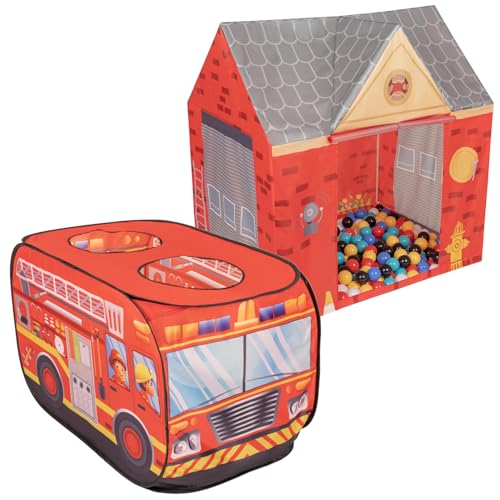 Selonis Feuerwehrauto Zelt Und Feuerwache Zelt Spielhaus 100 Bälle Für Kinder Spielzelt Set Faltbar Pop Up Indoor Outdoor Rollenspiel Geschenk Für Jungen Mädchen von SELONIS