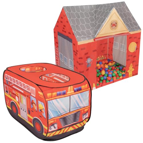 Selonis Feuerwehrauto Zelt Und Feuerwache Zelt Spielhaus 100 Bälle Für Kinder Spielzelt Set Faltbar Pop Up Indoor Outdoor Rollenspiel Geschenk Für Jungen Mädchen von SELONIS