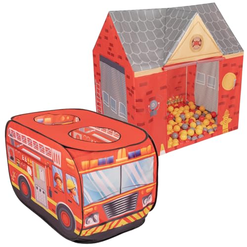 Selonis Feuerwehrauto Zelt Und Feuerwache Zelt Spielhaus 100 Bälle Für Kinder Spielzelt Set Faltbar Pop Up Indoor Outdoor Rollenspiel Geschenk Für Jungen Mädchen von SELONIS