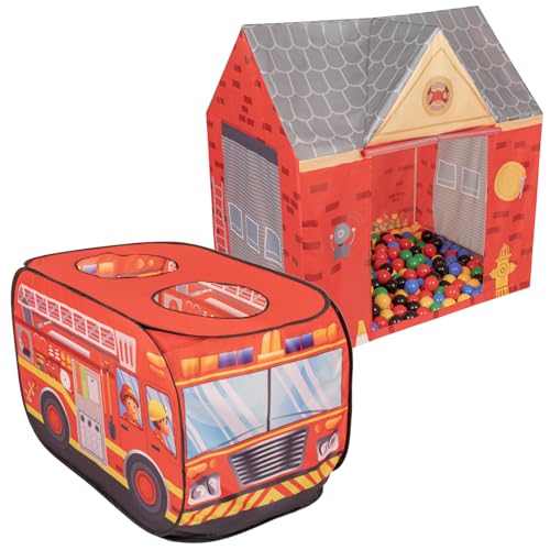 Selonis Feuerwehrauto Zelt Und Feuerwache Zelt Spielhaus 100 Bälle Für Kinder Spielzelt Set Faltbar Pop Up Indoor Outdoor Rollenspiel Geschenk Für Jungen Mädchen Abenteuer von SELONIS