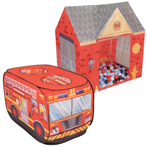 Selonis Feuerwehrauto Zelt Und Feuerwache Zelt Spielhaus 200 Bälle Für Kinder Spielzelt Set Faltbar Pop Up Indoor Outdoor Rollenspiel Geschenk Für Jungen Mädchen Abenteuer von SELONIS