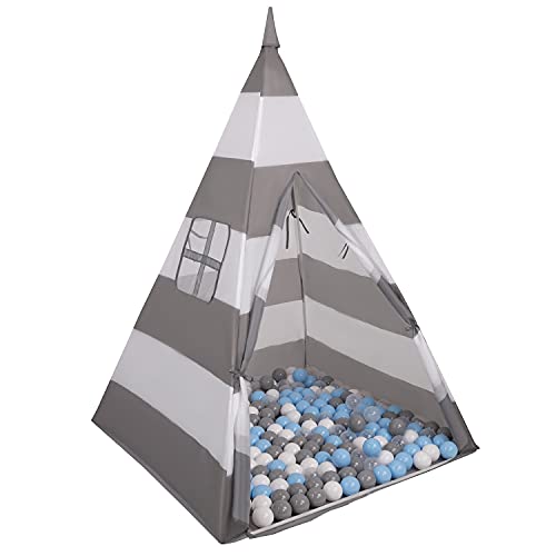 Selonis Tipi Spielzelt Mit 100 Bälle 6 cm Indianerzelt Für Kinder, Grau-Weiße Streifen:Grau/Weiß/Transparent/Babyblau von SELONIS