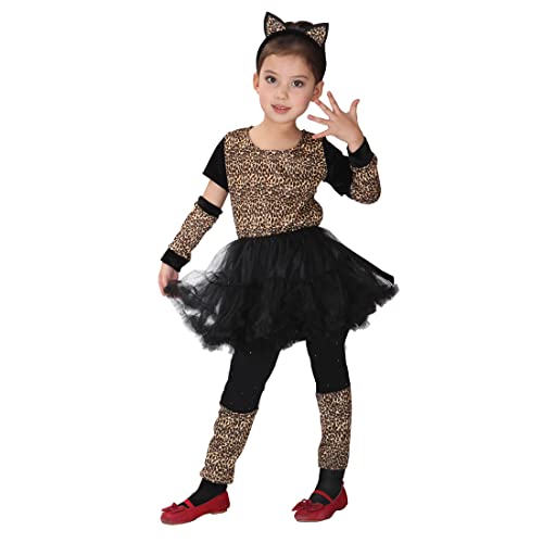 SELORE Kostüm Katze Karneval Mädchen 4-12 Jahre Kleid Verkleidung Leopardenmuster Mädchen Karneval Cosplay, Mehrfarbig, 4-6 Jahre von SELORE