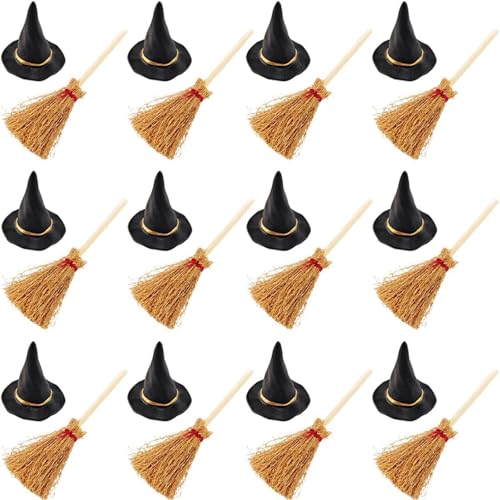 SELVFZ Bulk 24 Halloween Besen Und Hexenhut Ornament Handmade PVC Accessoires Dekorative Festivalfeiern Requisiten Tragbare Halloween Hexenbesendekoration von SELVFZ
