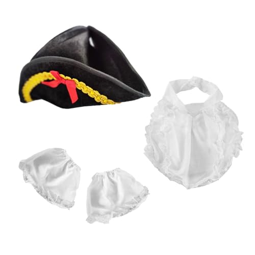 SELVFZ Colonial Tricorn Mit Gold Trimmen Weißer Manschettenschürze Party Schwarzer Piratenhut Für Unabhängigkeitskriegsrolle Spielen von SELVFZ
