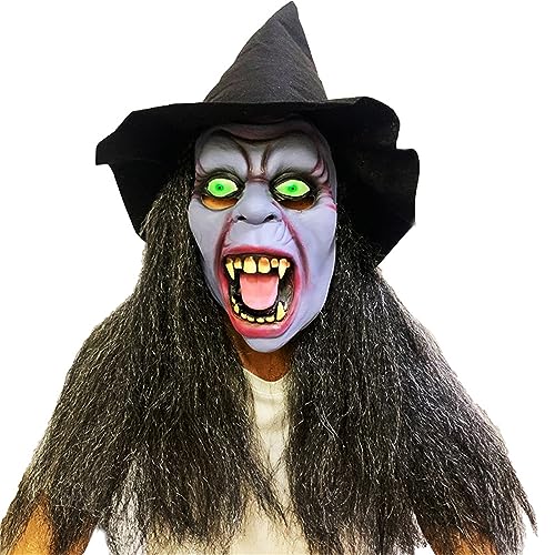 SELVFZ Gruselige Alte Frau Hexenmaske Mit Haarhut Horror Halloween Gesichtsmaske Scary Cosplay Kostüm Maske Fotoshoots Requisiten Geschenk Halloween Gesichtsmaske von SELVFZ