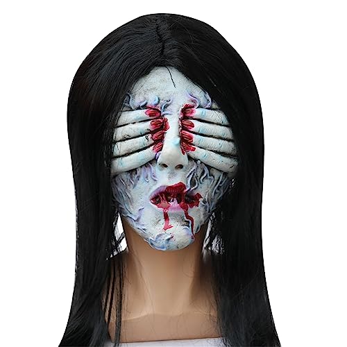 SELVFZ Gruselige Frau Kopfbedeckung Langes Haar Scary Frau Kopfstück Halloween Party Cosplays Kostüm Gruseliger von SELVFZ