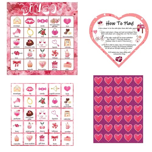 SELVFZ Valentinstag Bingospiel Für Kinder Erwachsene 24 Spieler Valentines Bingo Karten Für Familienaktivitäten Schulklassenzimmerspiele von SELVFZ