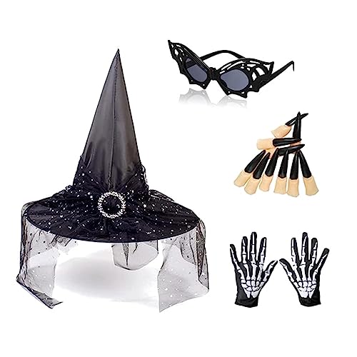 SELVFZ Vintage Mittelalterliche Hexenhut Mit Schädeldruckhandschuhen Zarte Gefälschte Nägel Und Sonnenbrillen Set Festival Party Damen Kostüm Requisite SELVFZ Vintage Mittelalterliche Hexenhut Mit Schädeldruckhandschuhen Zarte Gefälschte Nägel Und Sonnenbrillen Set Festival Party Damen Kostüm Requisite von SELVFZ