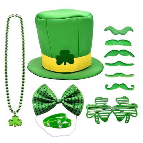 SELiLe Green Patricks Day Kleeblatt-Hut mit Armreifen und Perlen, Halskette für Erwachsene, Karnevalsbrille für Festivals, Aufführungen, Patricks-Tag, Brille, grüne Patricks-Tags-Brille von SELiLe