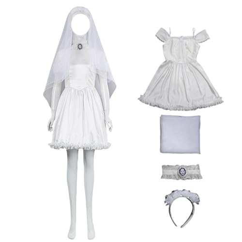 SENGDUJH Bride Emily Cosplay-Kostüm, ärmelloses, geschwollenes kurzes Kleid, Outfit mit Schleier und Haarbändern, für Halloween, Karneval, Party (Weiß, Größe 2XL) von SENGDUJH
