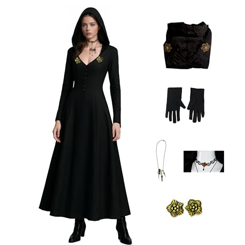 SENGDUJH Dimitrescu Cosplay-Kostüm, Dimitrescu Schwestern, Cosplay-Kostüm, Gothic, langes Gewand, Outfits mit Halskette und Ansteckblume für Halloween, Karneval, Party (Schwarz, Größe 2XL) von SENGDUJH