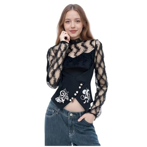 SENGDUJH Elphaba Kostüm Erwachsene, Hexe Elphaba Kostüm Cosplay, Gothic Schwarz Spitze Langarm Oberteil mit Korsett für Halloween Karneval Party (Schwarz, M) von SENGDUJH