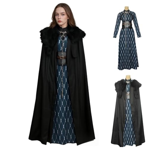 SENGDUJH Got Kostüm Cosplay Kleid, SansaStark Kostüm Mittelalter Korsettkleid mit Kunstfellkragen Umhang, Halloween Kostüm Verkleidung Damen für Party Karneval (Dunkelblau, XXL) von SENGDUJH