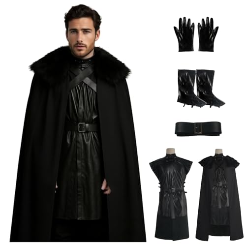 SENGDUJH Got Snow Kostüm Cosplay, Mittelalter Ritter Krieger Kostüm Komplettes Set mit Kunstfellkragen Umhang, Halloween Kostüme Verkleidung Herren für Party Karneval (Schwarz, S) von SENGDUJH