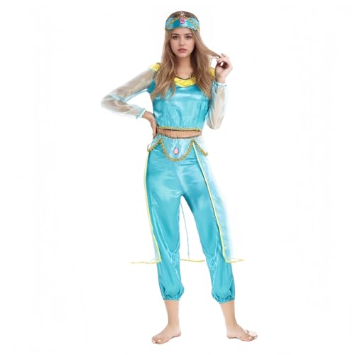SENGDUJH Jasmine Kostüme für Erwachsene, Prinzessinnenkostüm, Cosplay-Outfit mit Kopfbedeckung, Prinzessinnen-Halloween-Kostüme für Damen, Party, Karneval (Blau, M) von SENGDUJH