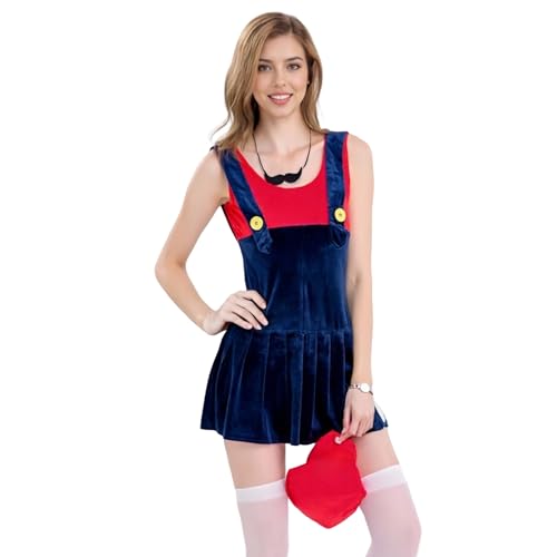 SENGDUJH Klempner-Kostüm, Cosplay, Damen-Schürzenkleid, Jeans-Overall mit Hut für Halloween, Comic-Con, Karneval (rot, Standardgröße) von SENGDUJH