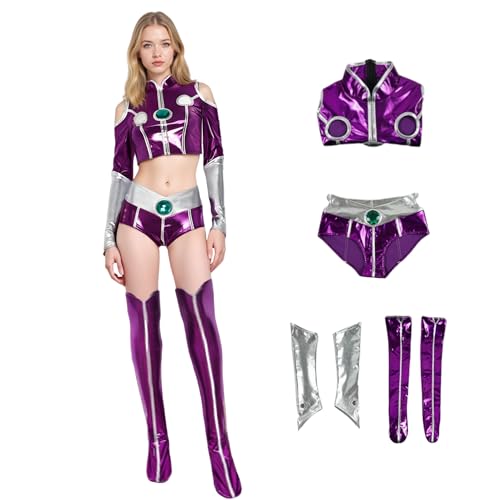 SENGDUJH Koriand'r Cosplay-Kostüm für Damen, Prinzessinnenkostüm, hohles Oberteil, Outfit mit Armband und Strümpfen, für Halloween, Karneval, Party (lila, S) von SENGDUJH