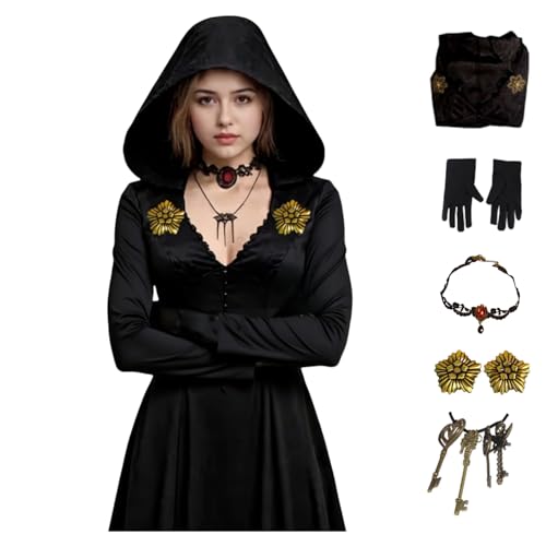 SENGDUJH Lady Dimitrescu Kostüm Cosplay, Bela Dimitrescu Schwester Kostüm Schwarz Gothic Maxi Kapuzenkleid mit Halsketten Damen Halloween Verkleidung für Party (Schwarz, 3XL) von SENGDUJH