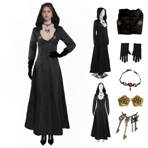 SENGDUJH Lady Dimitrescu Kostüm Cosplay, Bela Dimitrescu Schwester Kostüm Schwarz Gothic Maxi Kapuzenkleid mit Halsketten Damen Halloween Verkleidung für Party (Schwarz, XL) von SENGDUJH