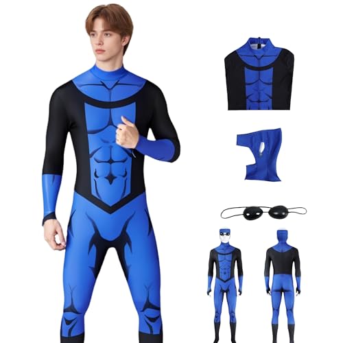 SENGDUJH Mark Grayson Kostüm, Cosplay, Omni Man Son Mark Kostüm, Overall, Superheld, einteiliger Overall für Halloween, Comic-Con (Blau + Schwarz, XS) von SENGDUJH