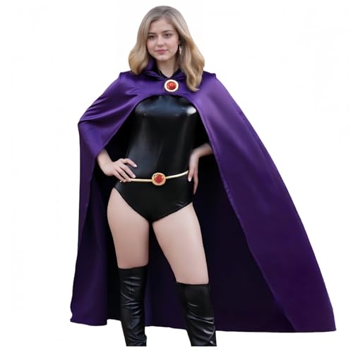 SENGDUJH Raven Cosplay Cosplay Raven Anime Cosplay Kostüm Bodysuit Oufit mit lila Kapuzenumhang Damen Halloween Kostüme für Party Karneval (Schwarz, XXL) von SENGDUJH