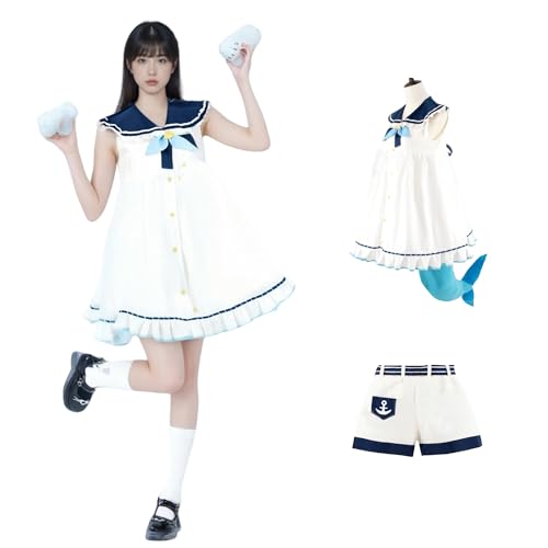 SENGDUJH Vtuber Cosplay-Kostüm, Hai-Kostüm, Kleid mit flauschigem Schwanz und Hose, Hai-Schwimmanzug, JK, Matrosen-Kleid für Halloween, Comic-Con (Blau + Weiß, XL) von SENGDUJH